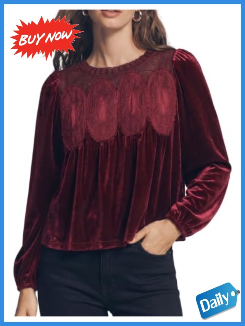 Long Sleeve Lace Blouse with Velvet Trim Crew Neck Relaxed Fit